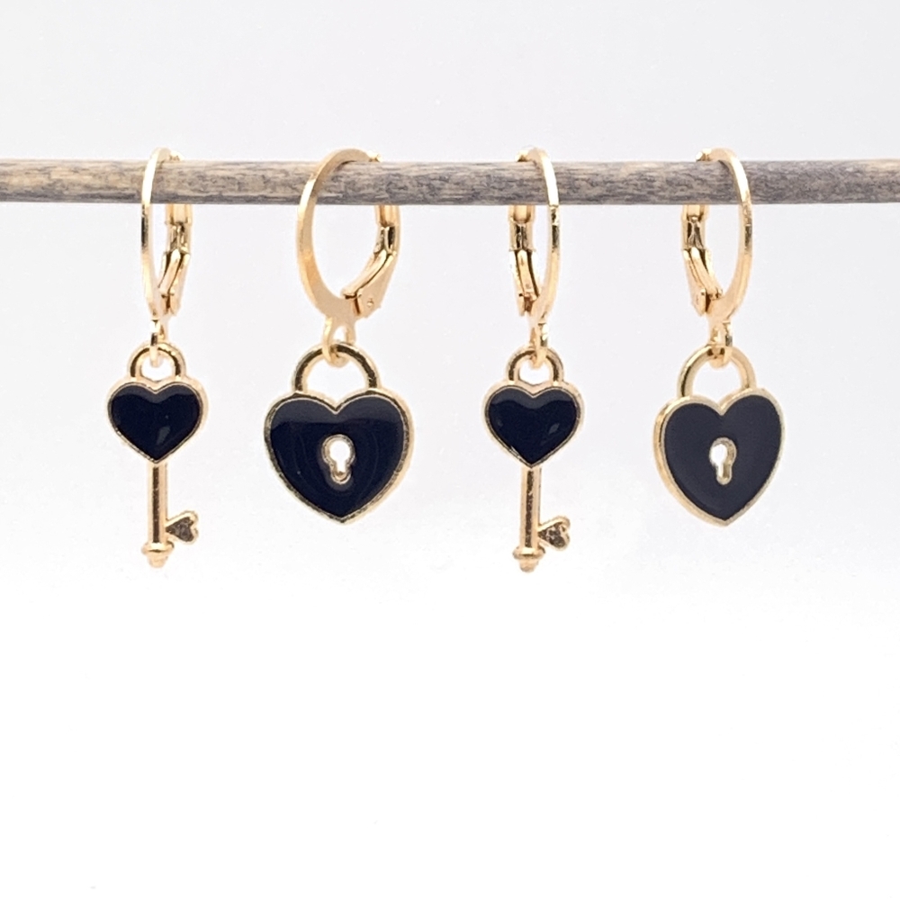 2 Pairs! BFF Black Heart Lock and Key Huggie Hoop Earrings
